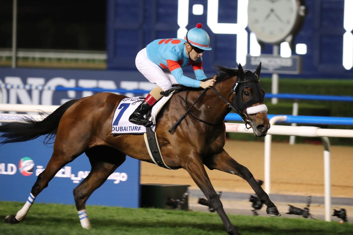 Almond Eye, ridden by Christophe Lemaire, wins the Dubai Turf earlier this year. Photos: Kenneth Chan