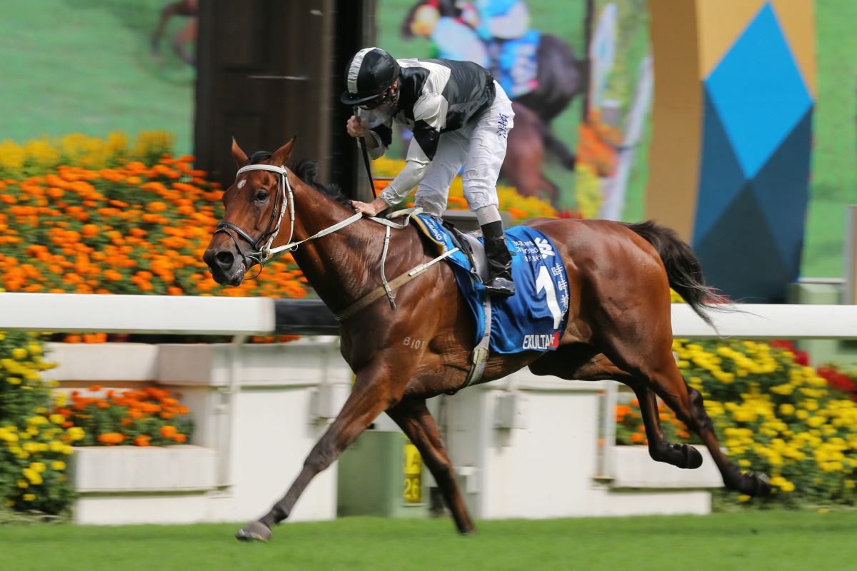 Exultant wins the Group One Champions & Chater Cup in May. Photos: Kenneth Chan