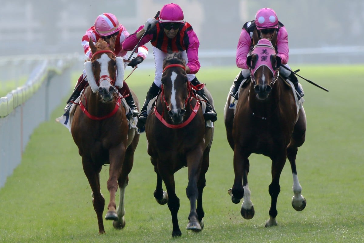Waikuku (second from left) wins the Jockey Club Mile, beating Ka Ying Star (right) and Beauty Generation (second from right). Photos: Kenneth Chan