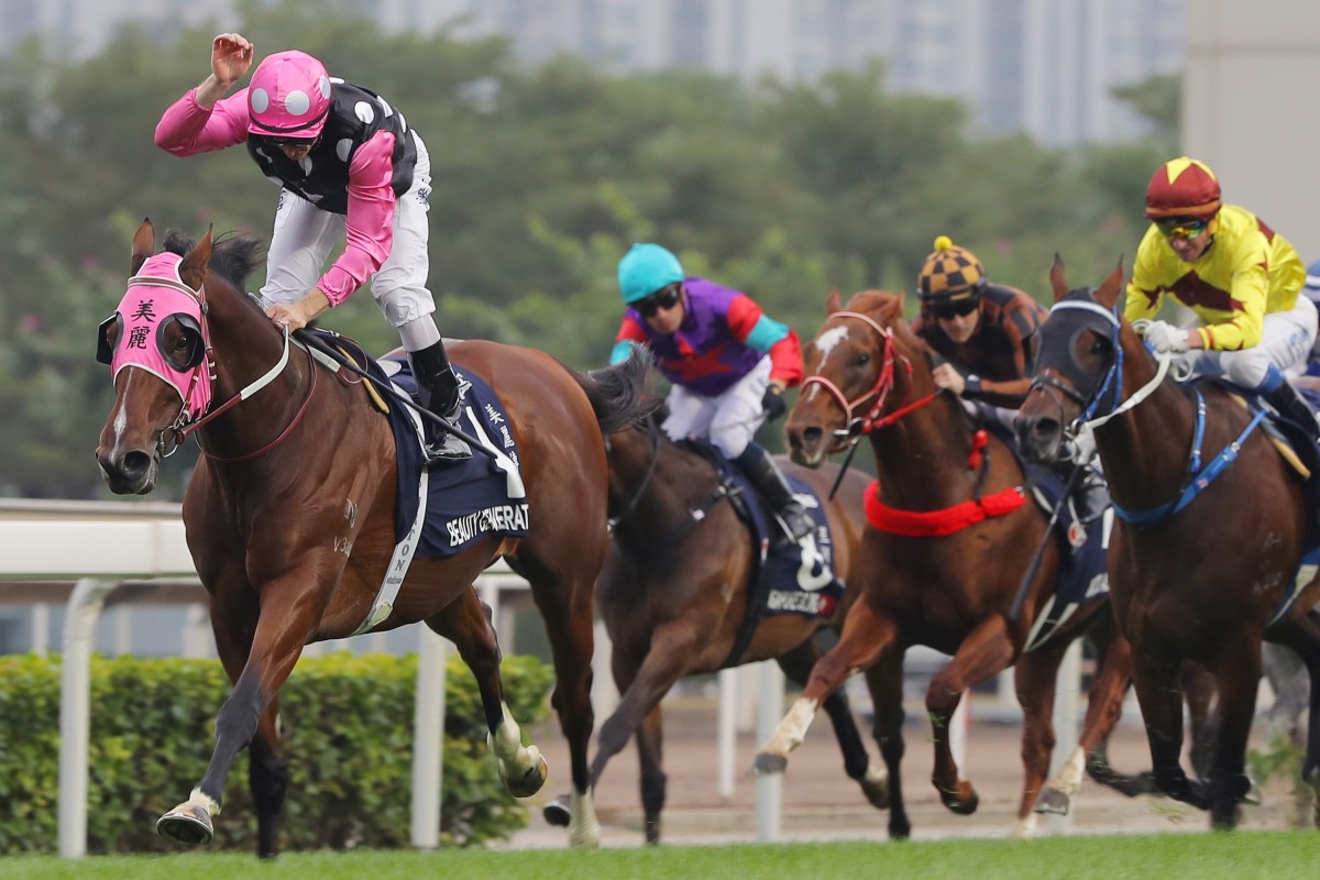 Zac Purton gives Beauty Generation a big pat as he runs away with the 2018 Hong Kong Mile. Photo: Kenneth Chan