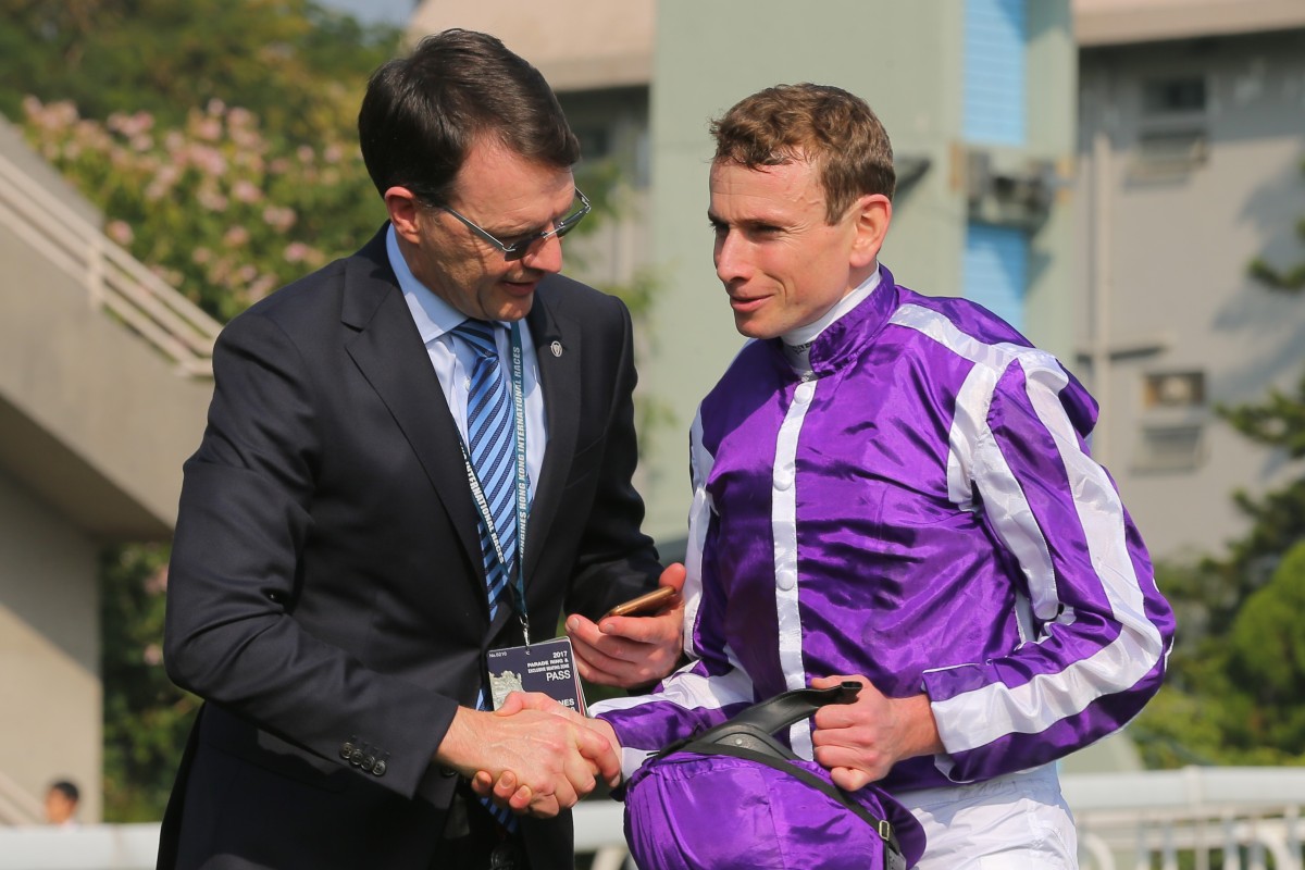 Trainer Aidan O’Brien and Ryan Moore after winning the Hong Kong Vase on Highland Reel. Photos: Kenneth Chan
