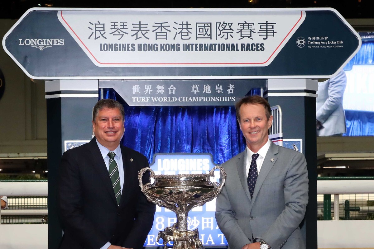 Jockey Club officials Bill Nader (left) and Andrew Harding kick off the Hong Kong International Races field announcements. Photo: HKJC