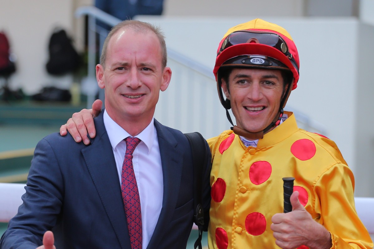 Trainer Richard Gibson with jockey Christophe Soumillon after winning at Sha Tin. Photos: Kenneth Chan