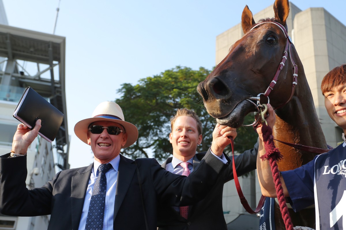 Trainer John Moore with Able Friend after his champion won the 2014 Hong Kong Mile. Photos: Kenneth Chan