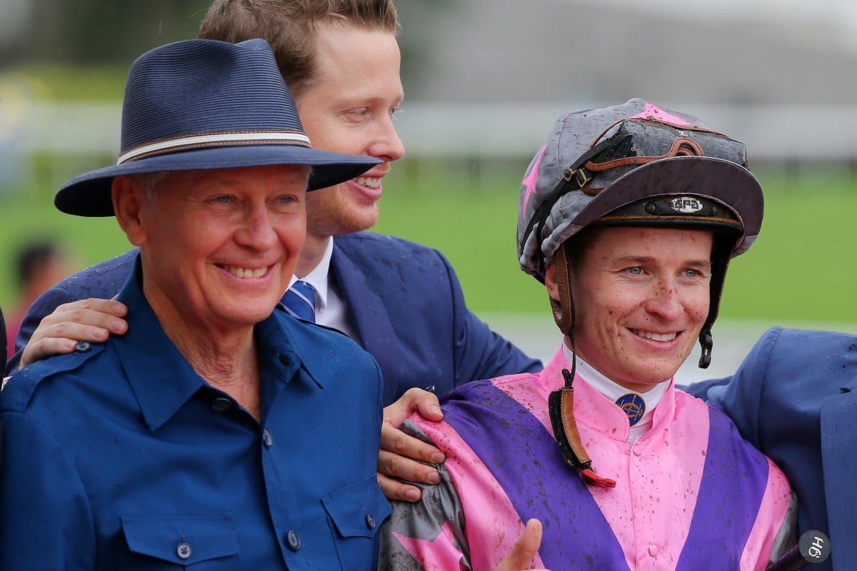Trainer John Moore (left) and jockey James McDonald celebrate the win of Monica in May. Photos: Kenneth Chan