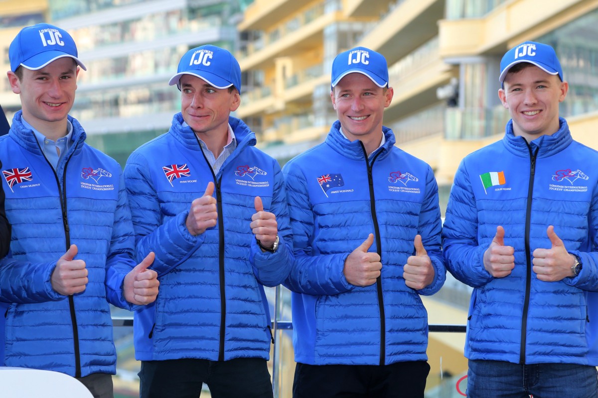 Oisin Murphy, Ryan Moore, James McDonald, Colin Keane are all smiles at the International Jockeys’ Championship launch on Tuesday. Photo: Kenneth Chan