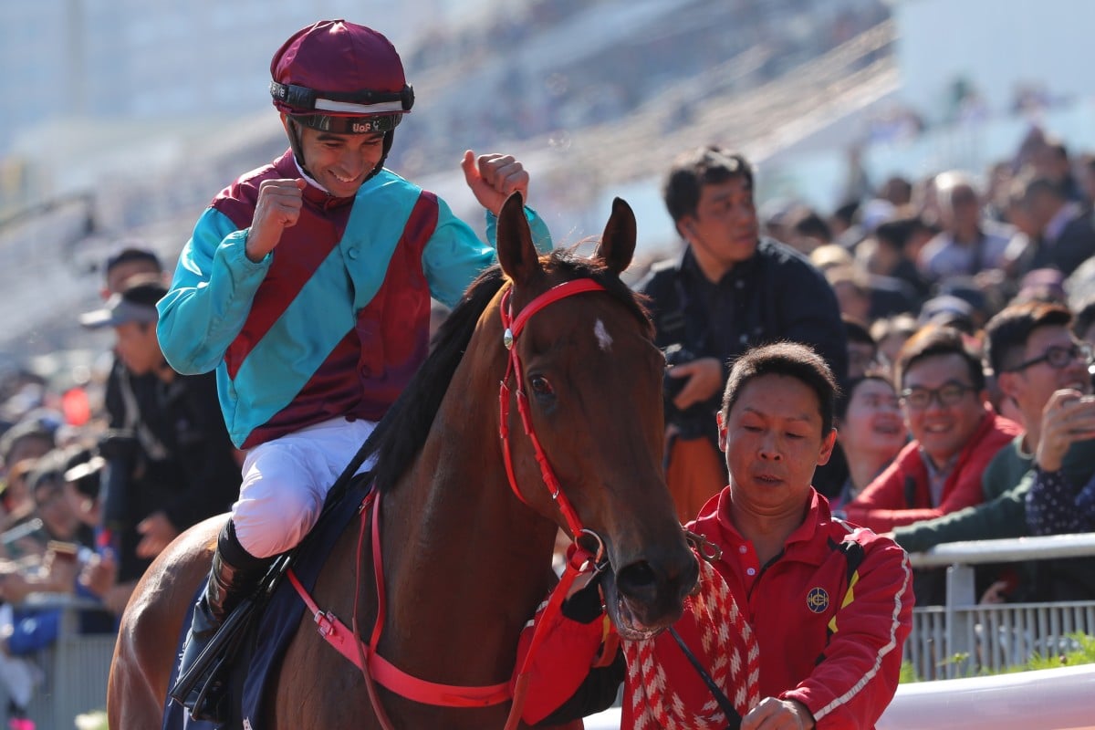 Joao Moreira returns after winning on Beat The Clock. Photos: Kenneth Chan