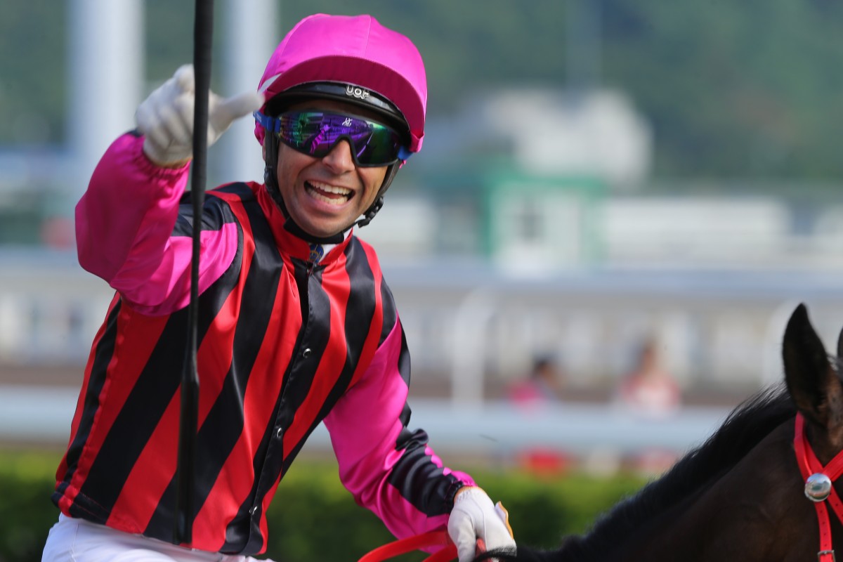 Joao Moreira celebrates winning aboard Waikuku this season. Photos: Kenneth Chan