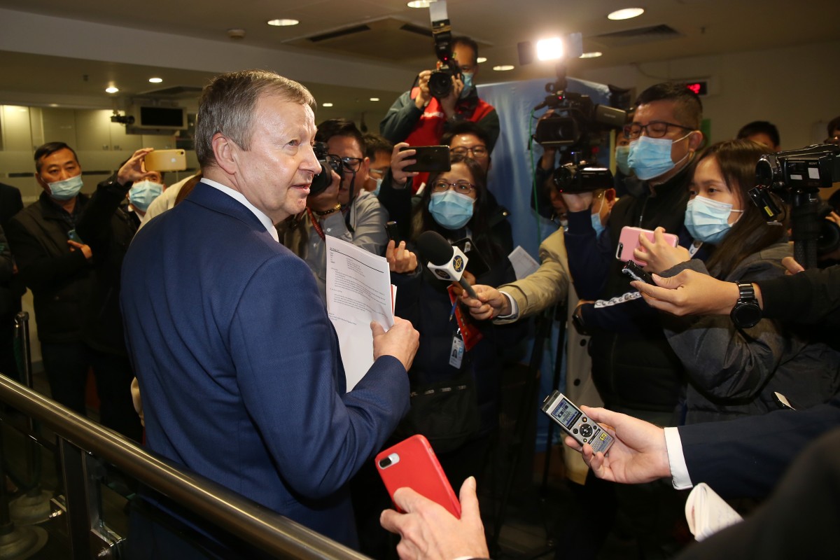 Jockey Club Winfried Engelbrecht-Bresges talks to the press after Monday’s races. Photos: Kenneth Chan