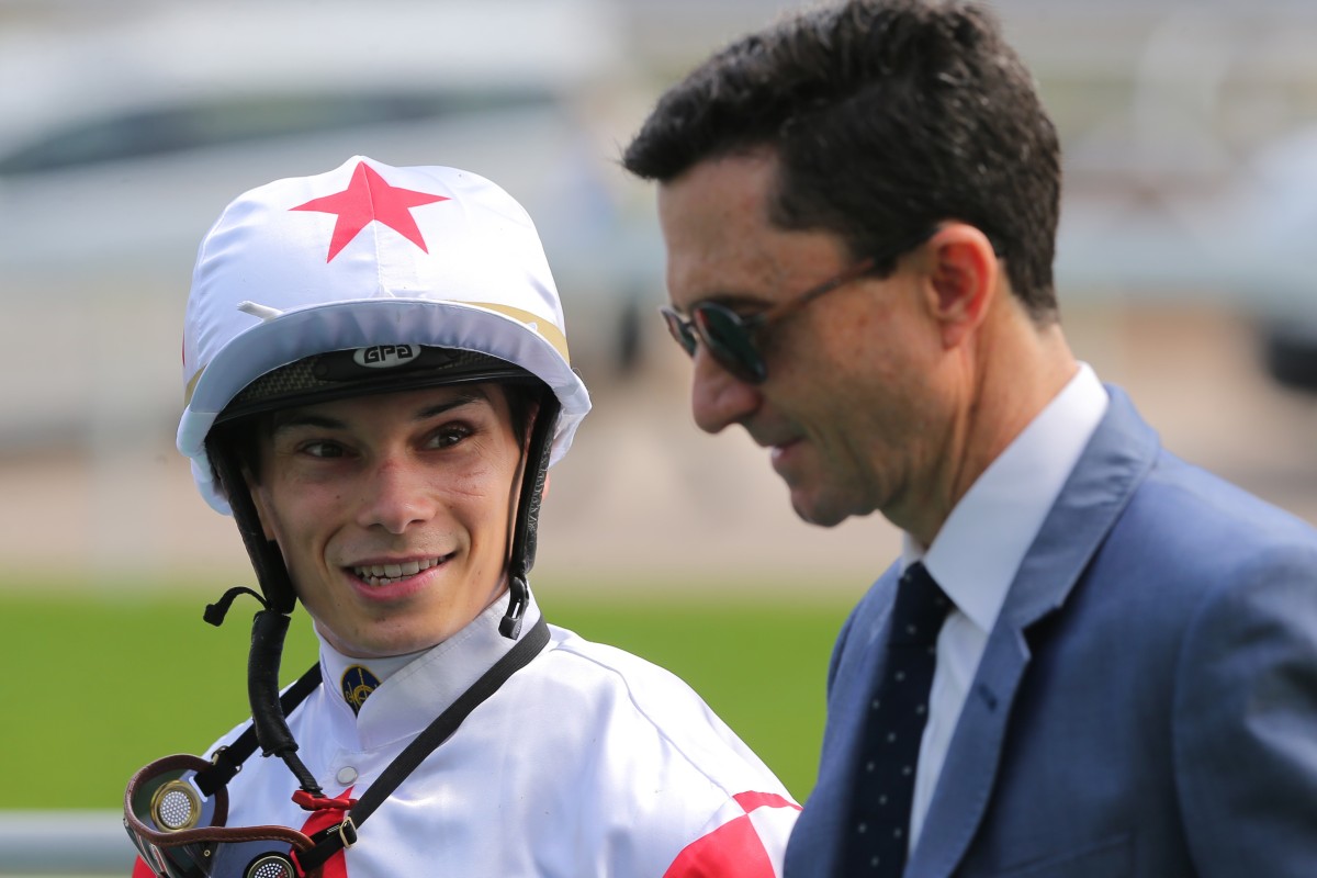 Jockey Alexis Badel with trainer Douglas Whyte after the win of Inner Flame at Sha Tin. Photos: Kenneth Chan