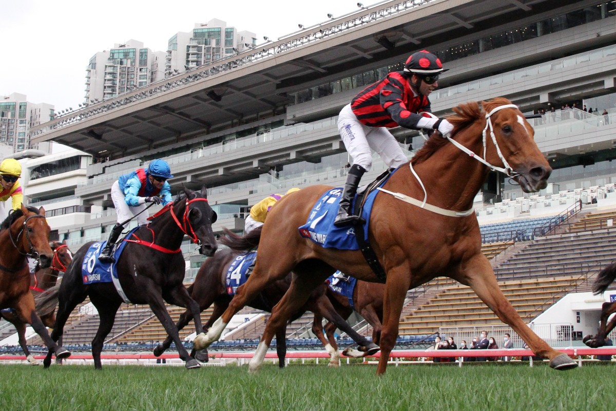 Time Warp wins the Hong Kong Gold Cup in front of an empty stand at Sha Tin on Sunday. Photos: Kenneth Chan