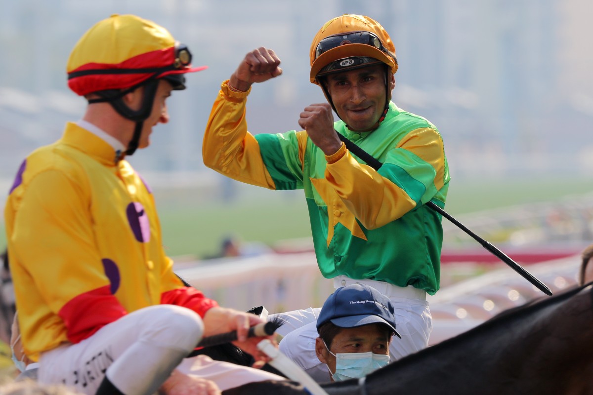 Karis Teetan reacts to the photo-finish results being displayed after winning on Amazing Beats at Sha Tin. Photos: Kenneth Chan