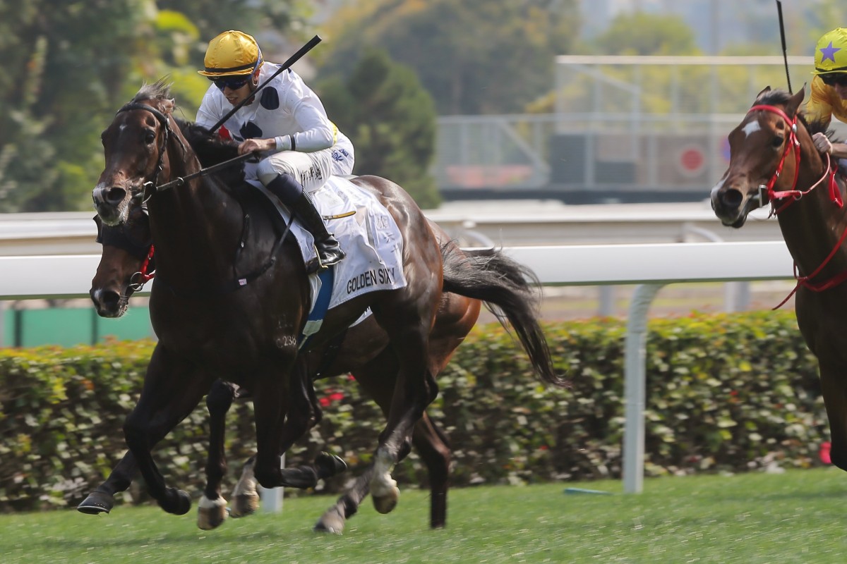 Golden Sixty bolts clear of his rivals at Sha Tin to win the Classic Cup. Photos: Kenneth Chan