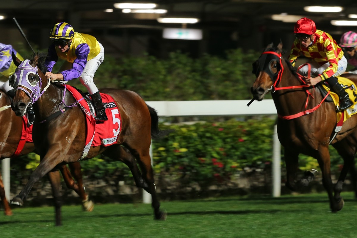 Zac Purton guides Invincible Missile to victory at Happy Valley on Wednesday night, beating Shining Ace (right). Photos: Kenneth Chan