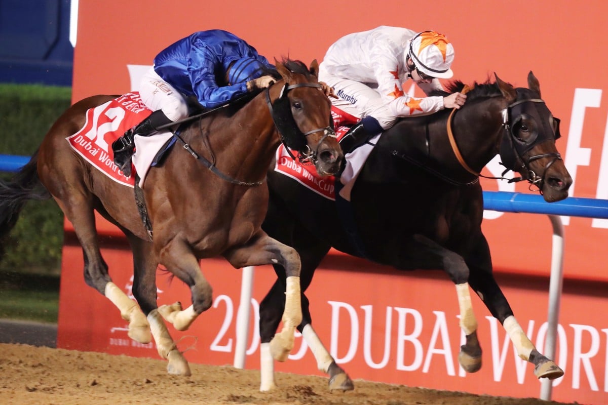 Christophe Soumillon pushes Thunder Snow (left) to victory in the 2019 Dubai World Cup at Meydan. Photo: Kenneth Chan