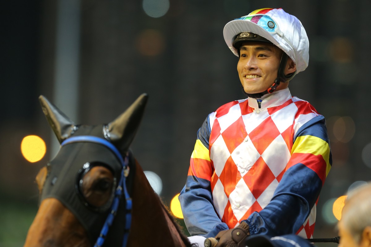 Keith Yeung celebrates a win aboard Hardly Swears earlier this season. Photos: Kenneth Chan