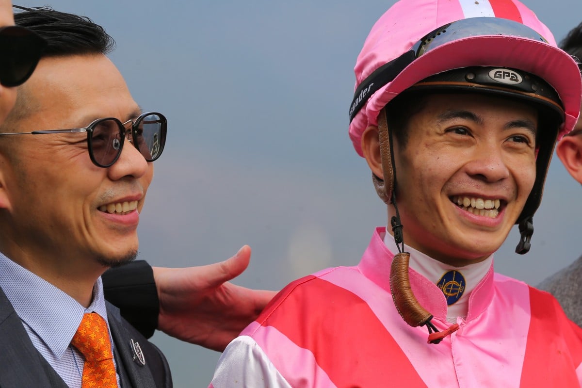 Derek Leung and Frankie Lor celebrate the win of Simply Brilliant at Sha Tin on Saturday. Photos: Kenneth Chan