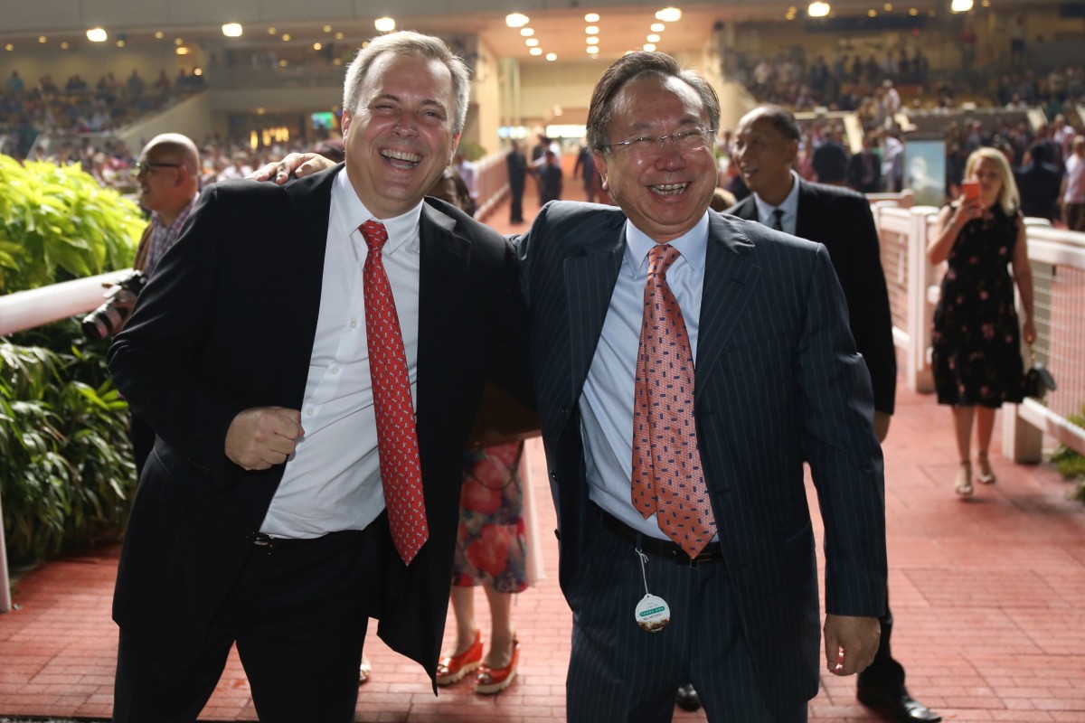 Trainer Caspar Fownes (left) and owner Boniface Ho celebrate a Southern Legend victory. Photos: Kenneth Chan
