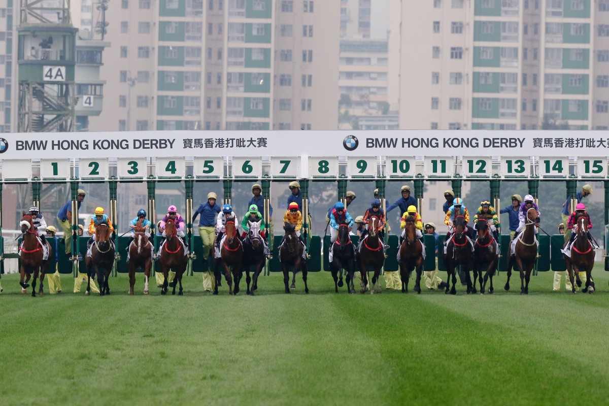 The field jumps for the 2019 Hong Kong Derby. Photos: Kenneth Chan