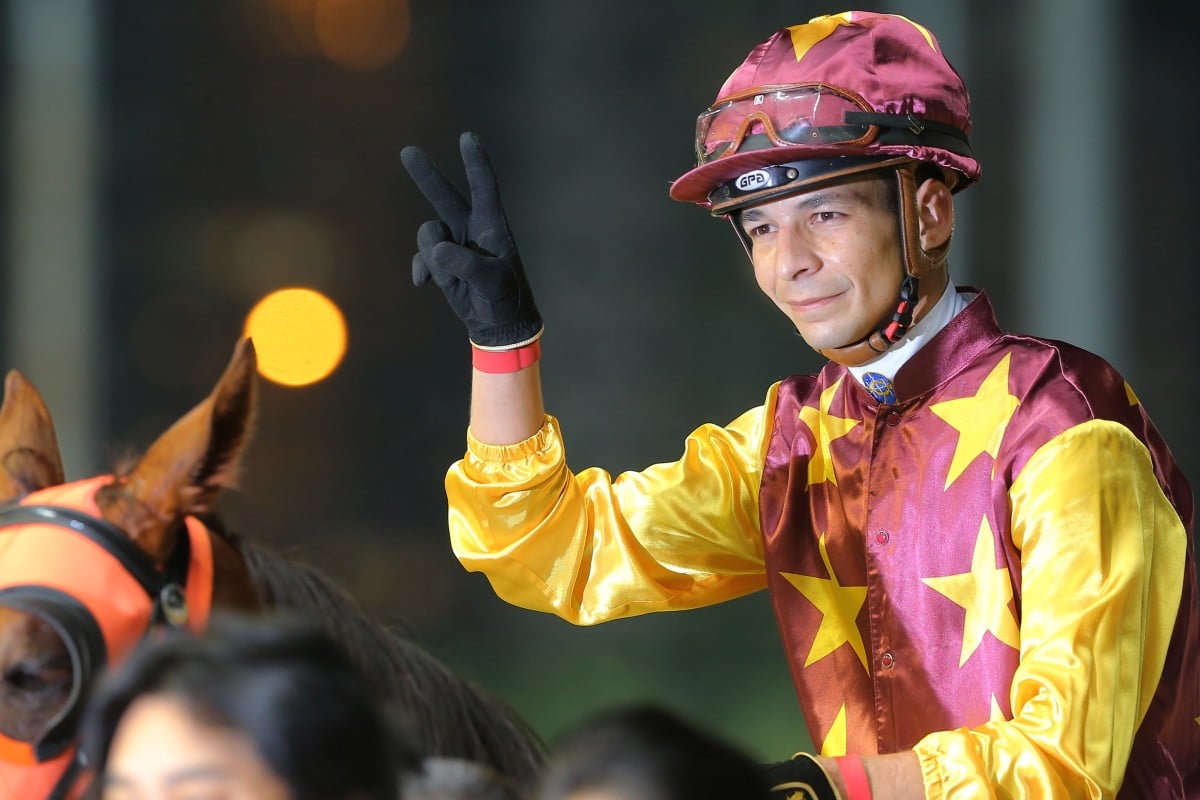Vagner Borges rides his first winner in Hong Kong on Wednesday night. Photos: Kenneth Chan