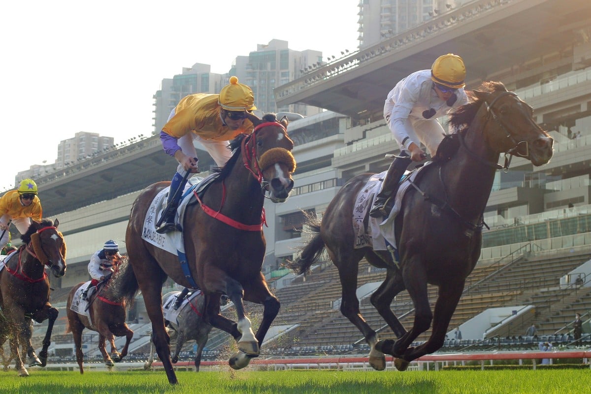 Golden Sixty surges home to win the Hong Kong Derby. Photos: Kenneth Chan