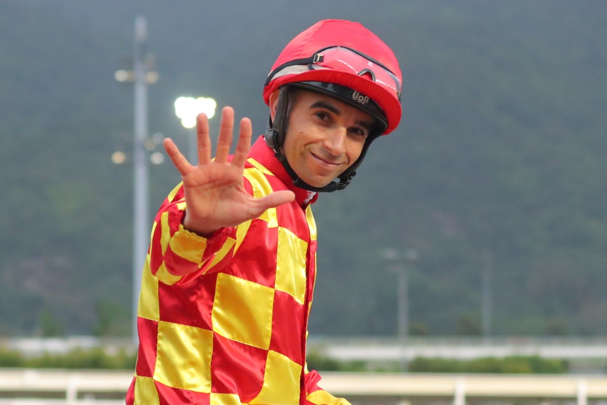 Joao Moreira laps up his five-win haul after saluting aboard Shining Ace. Photos: Kenneth Chan