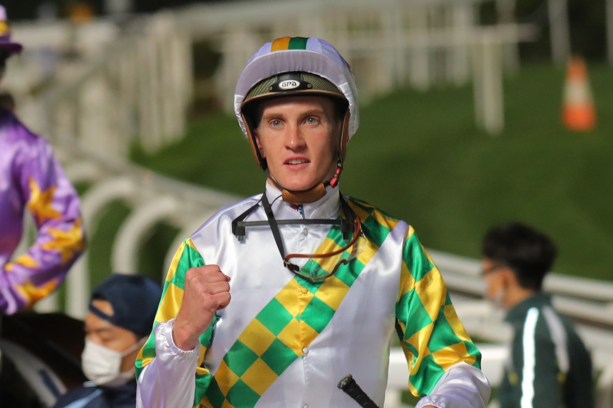 Chad Schofield celebrates his win aboard Utopia Life last week. Photos: Kenneth Chan