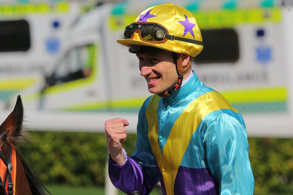Antoine Hamelin celebrates his first Hong Kong win after saluting aboard Best For You. Photos: Kenneth Chan