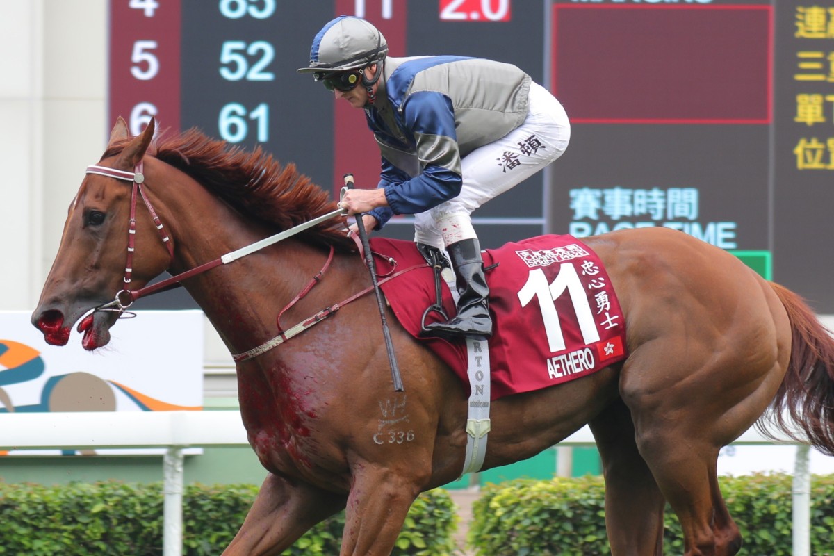 Zac Purton pulls up Aethero after he bled badly in the Group One Chairman’s Sprint Prize at Sha Tin. Photos: Kenneth Chan