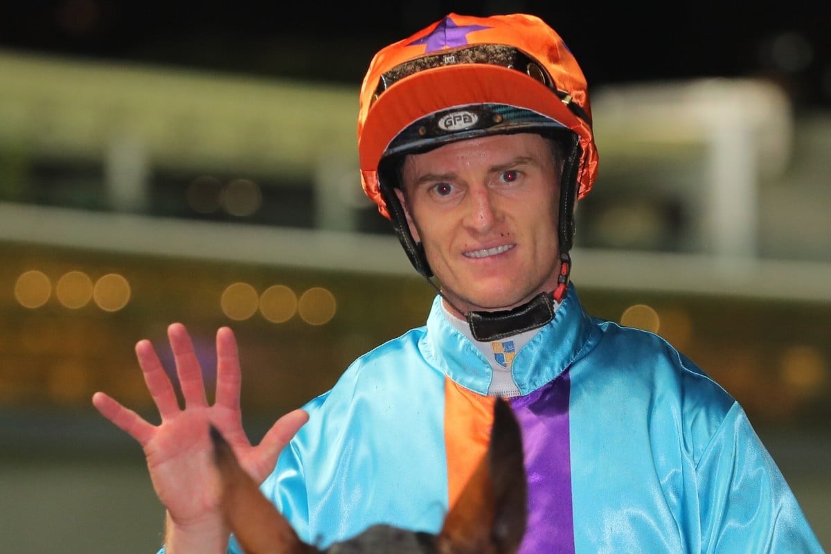 Zac Purton celebrates his five-timer at Happy Valley on Wednesday night. Photos: Kenneth Chan