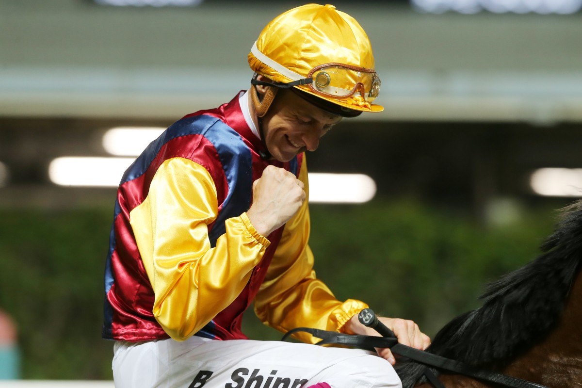 Blake Shinn celebrates his victory aboard Daily Delight. Photos: Kenneth Chan