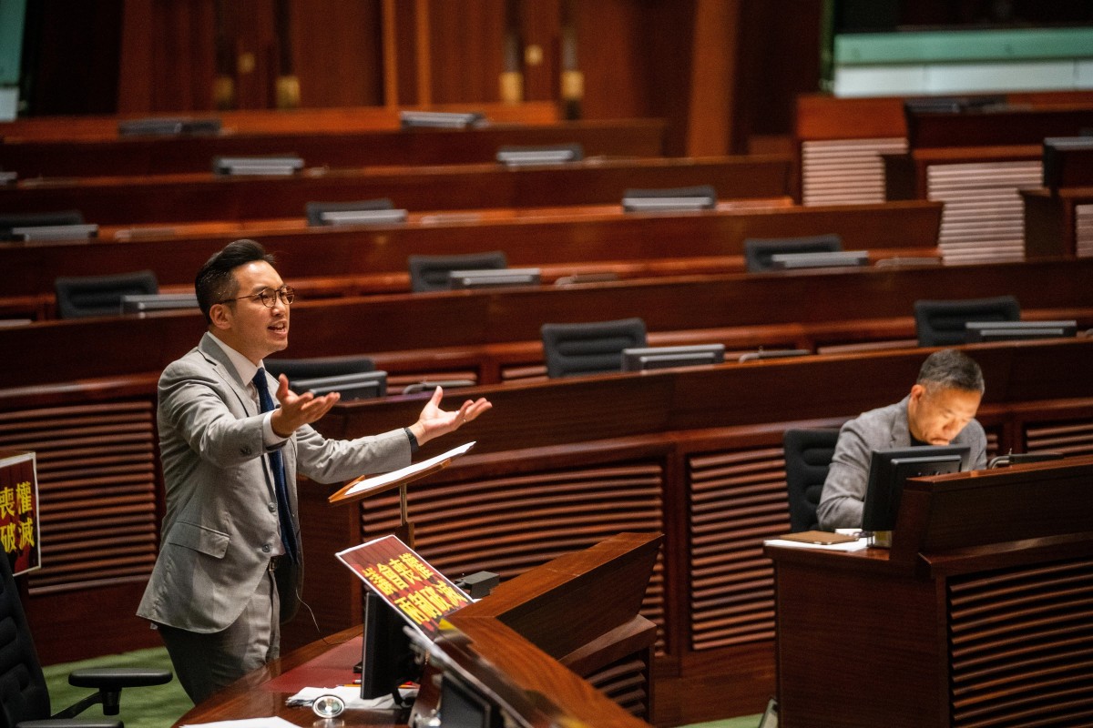 The controversial National Anthem Bill passed in Legco, despite objections from opposition lawmakers such as Alvin Yeung Ngok-kiu of the Civic Party. Photo: DPA