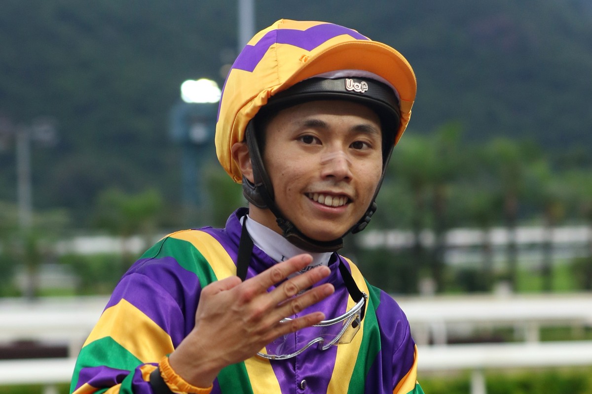 Mathew Poon celebrates his four-timer after saluting on Perfect Match. Photo: Kenneth Chan