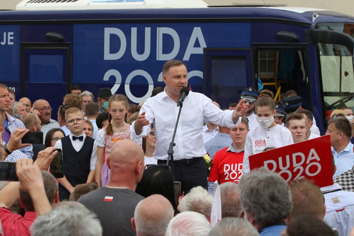Polish President and candidate for Poland's president of main ruling party Law and Justice (PiS) Andrzej Duda attends a meeting with local residents during his visit in Glogowek, southwestern Poland.