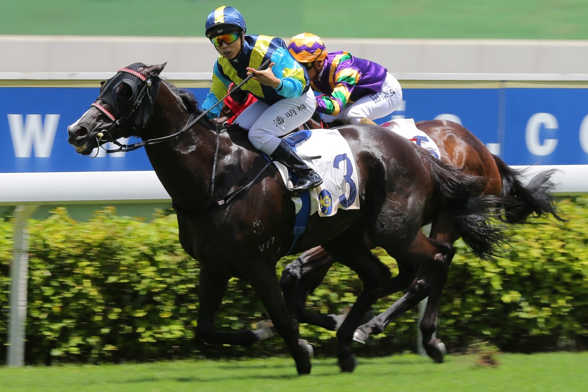 Matthew Poon guides Jolly Banner to victory in the Group Three Premier Cup at Sha Tin on Sunday. Photos: Kenneth Chan