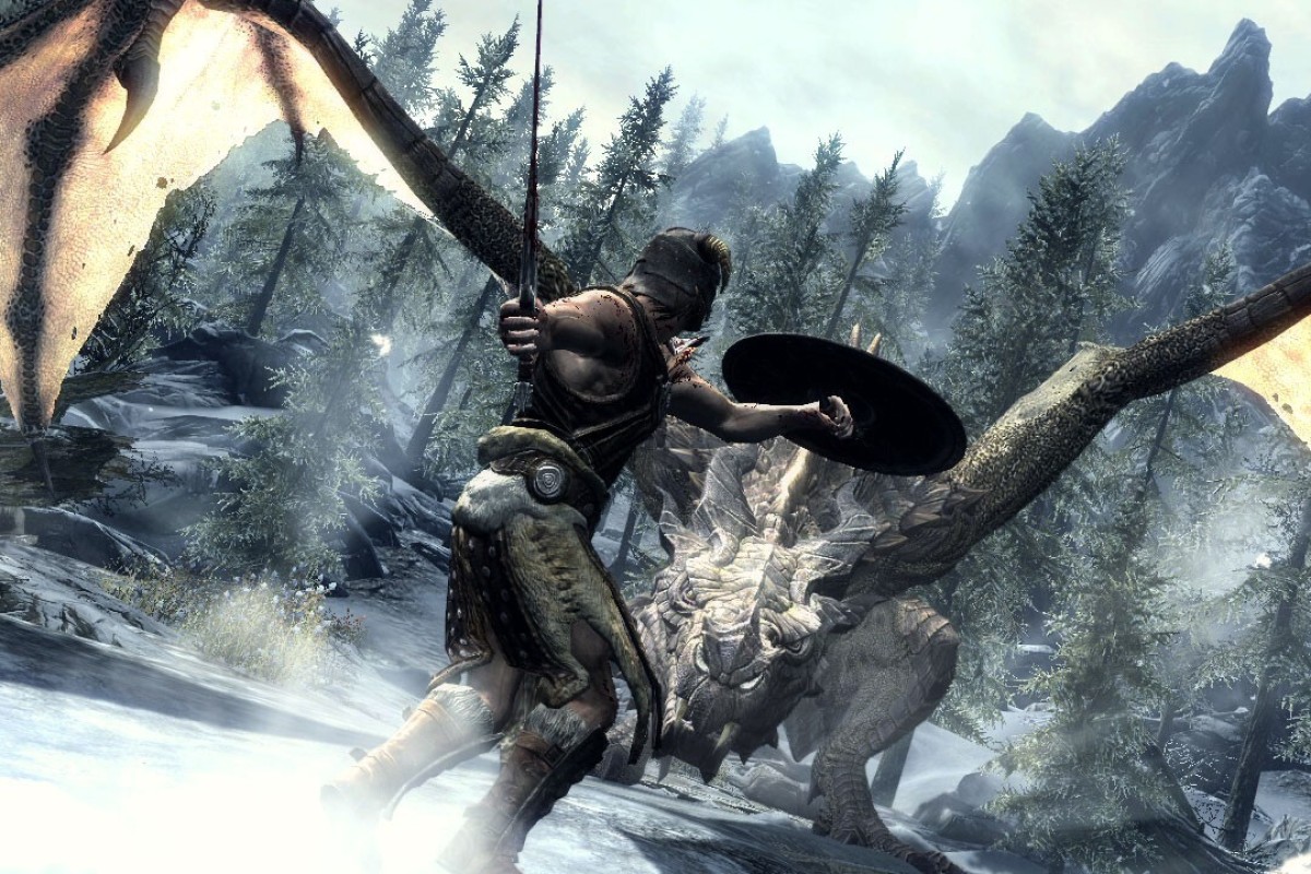A Dragonborn hero battles one of the flying lizards in "The Elder Scrolls V: Skyrim."