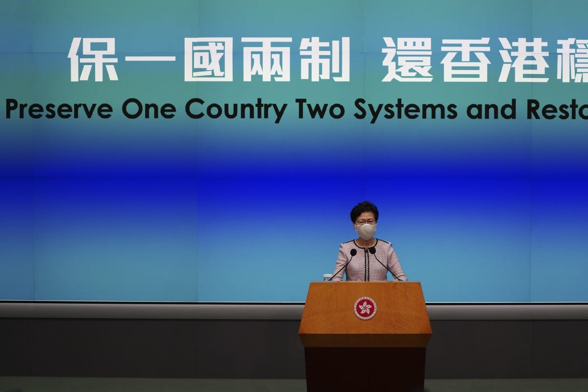 Hong Kong Chief Executive Carrie Lam Cheng Yuet-ngor reacts on the press briefing at the Central Government Offices in Tamar before the Executive Council meeting. 23JUN20 SCMP / Robert Ng