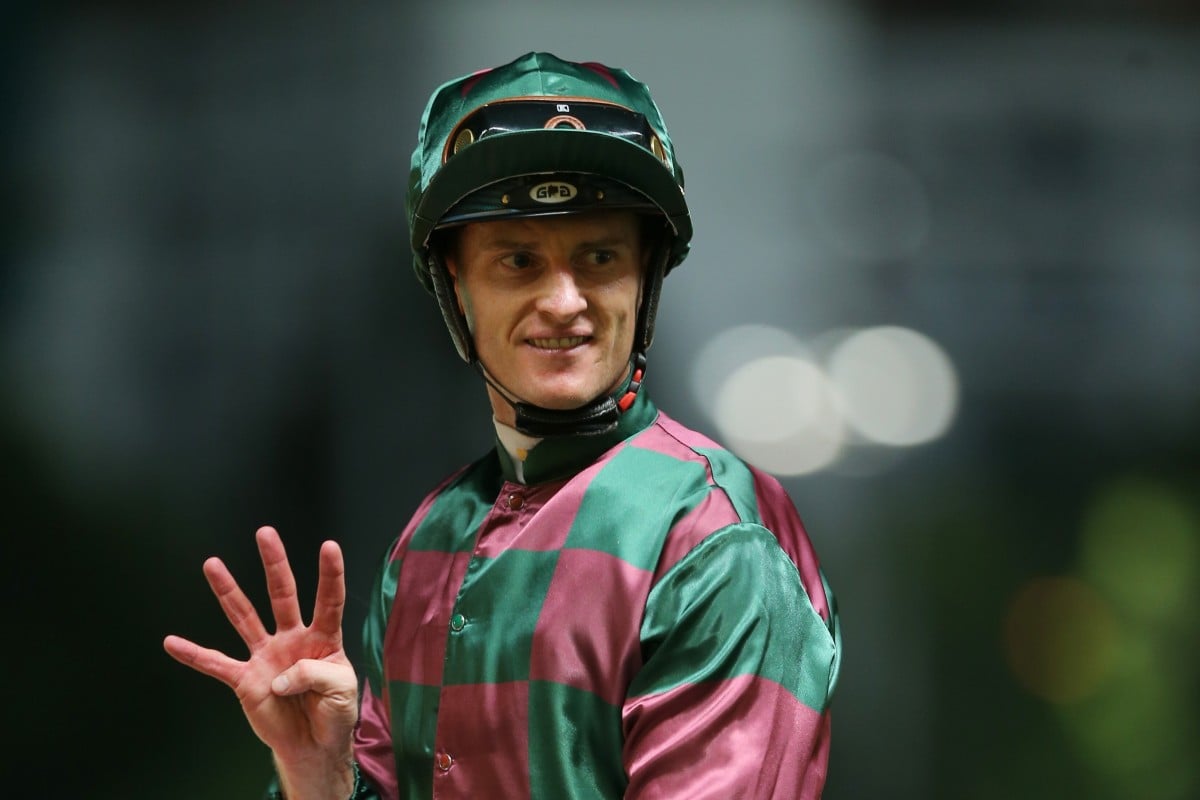 Zac Purton celebrates his four-timer at the last Happy Valley meeting. Photos: Kenneth Chan