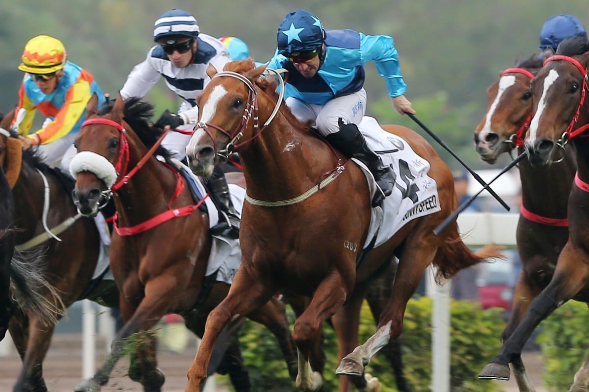 Sunny Speed dashes into third place in the 2019 Hong Kong Derby. Photos: Kenneth Chan