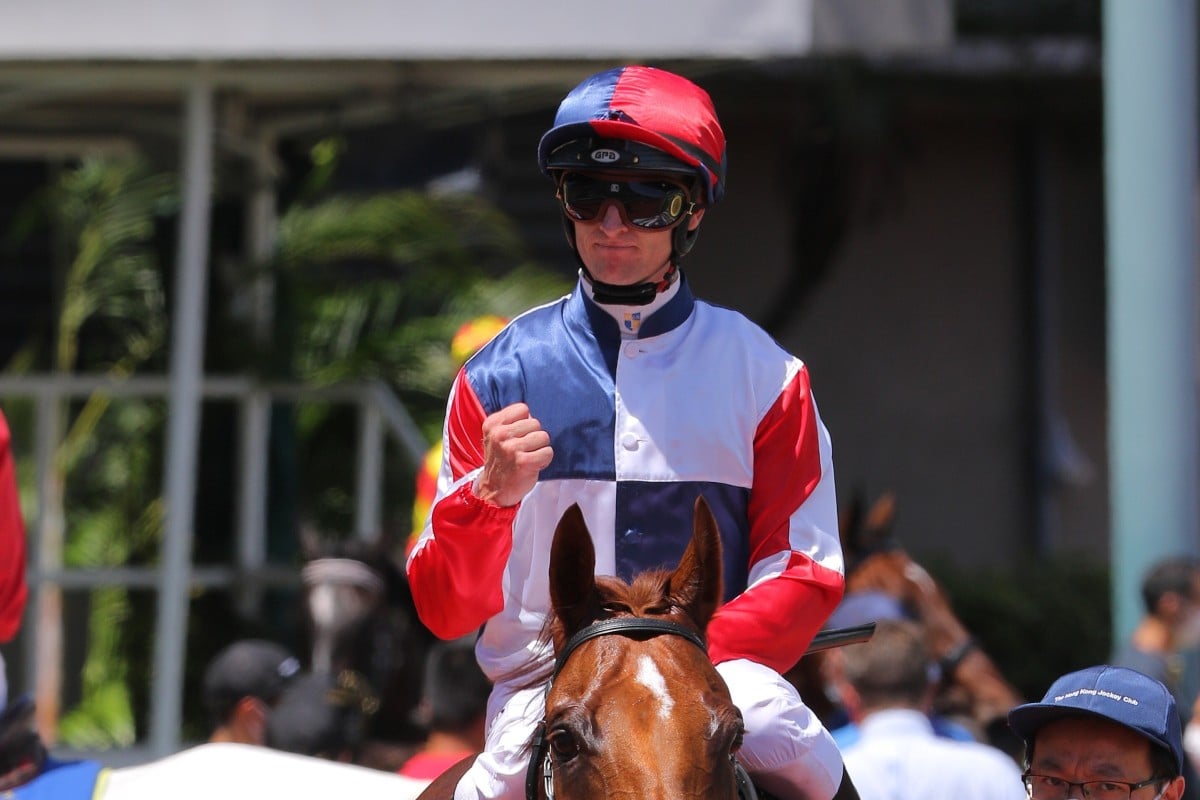 Zac Purton pumps his fist after securing his fourth jockeys’ title aboard Fast Most Furious. Photos: Kenneth Chan