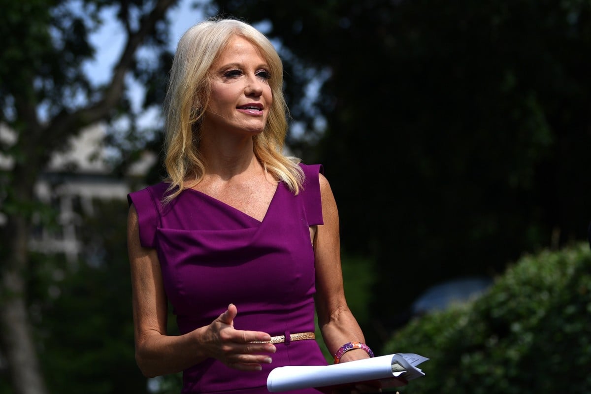 Conway epa08621407 (FILE) - Counselor to the President Kellyanne Conway speaks to reporters about the ongoing coronavirus relief package negotiations, outside of the White House in Washington, DC, USA, 06 August 2020 (reissued 24 August 2020). Kellyanne Conway has announced that she will leave the white house at the end of August 2020. EPA-EFE/KEVIN DIETSCH / POOL