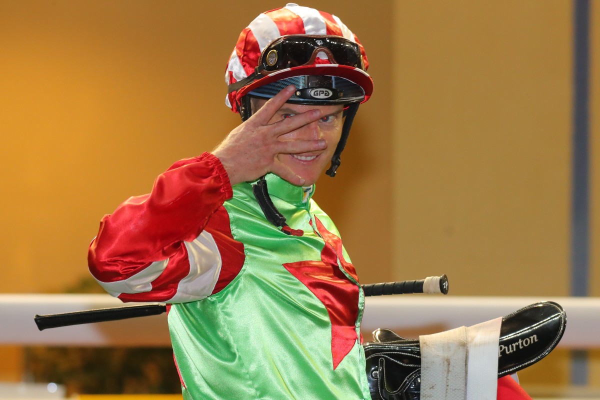 Zac Purton celebrates his four-timer at Happy Valley on Wednesday night. Photos: Kenneth Chan