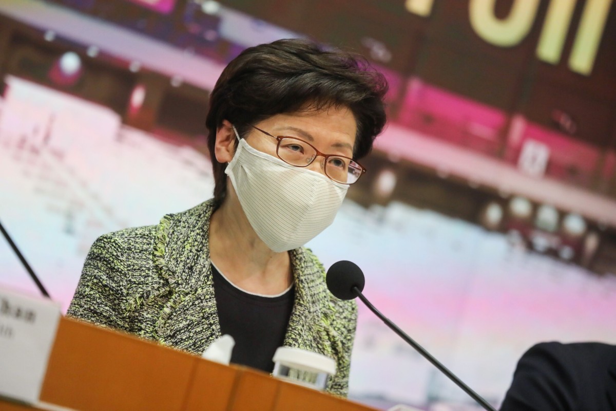 Hong Kong Chief Executive Carrie Lam Cheng Yuet-ngor wears a CU Mask while speaking from the Central Government Offices in Tamar. Photo: SCMP / K. Y. Cheng