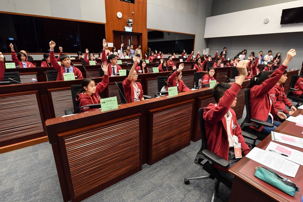 Fifty-one young councillors gathered at Legco to discuss proposed policies on youth-related issues. Photo: Children’s Council 2018