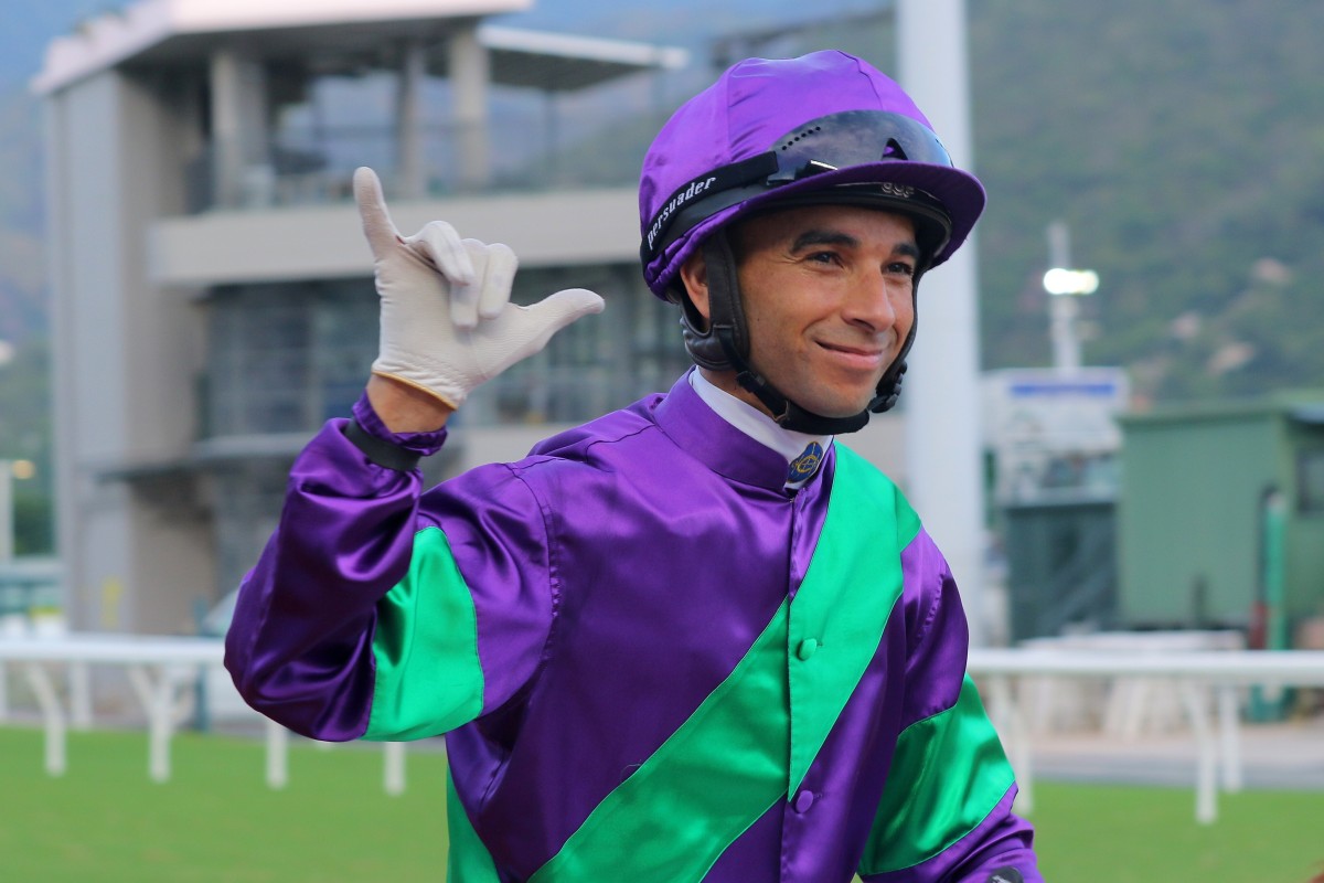 Joao Moreira celebrates his six-timer after winning aboard Excellent Proposal. Photos: Kenneth Chan