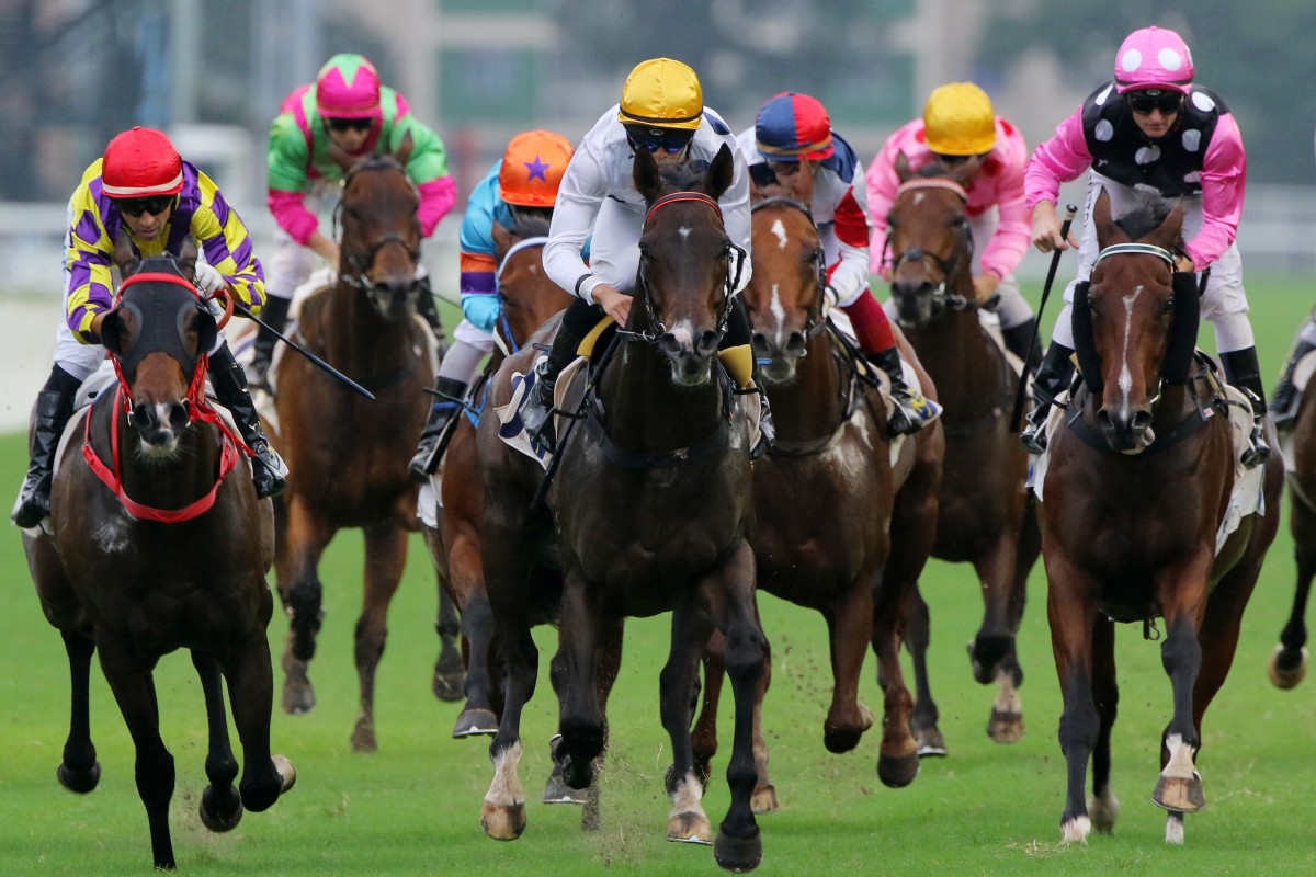 Beauty Generation (right) finishes in a dead-heat for second with Champion’s Way (left) behind Celebration Cup winner Golden Sixty (middle). Photo: Kenneth Chan