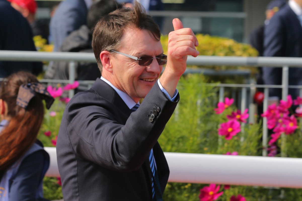 Aidan O’Brien celebrates Highland Reel’s win in the Hong Kong Vase in 2017. Photos: Kenneth Chan