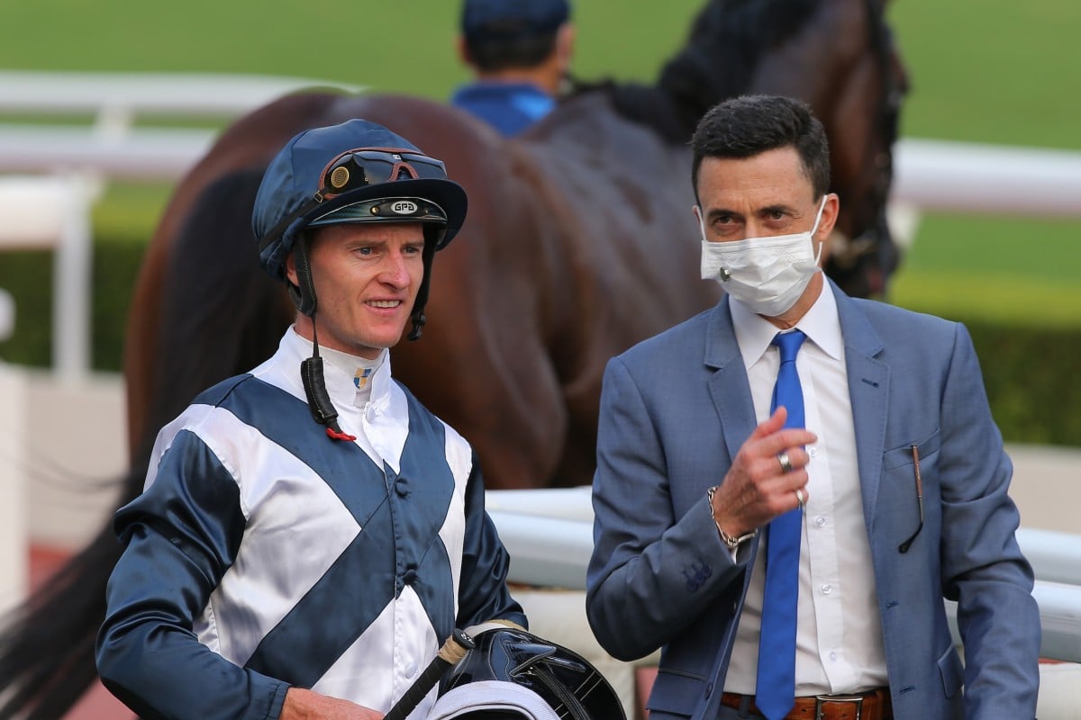 Zac Purton and Douglas Whyte enjoy Temple Of Heaven’s victory at Sha Tin on Sunday. Photos: Kenneth Chan