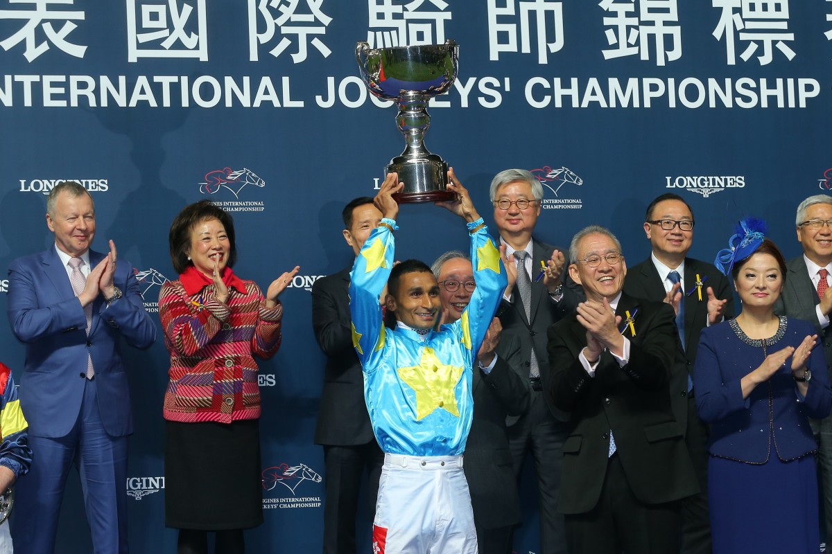 Karis Teetan celebrates his International Jockeys’ Championship win in 2019. Photos: Kenneth Chan