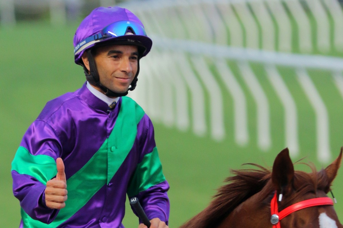Joao Moreira celebrates winning on Excellent Proposal with his last ride before his suspension. Photos: Kenneth Chan